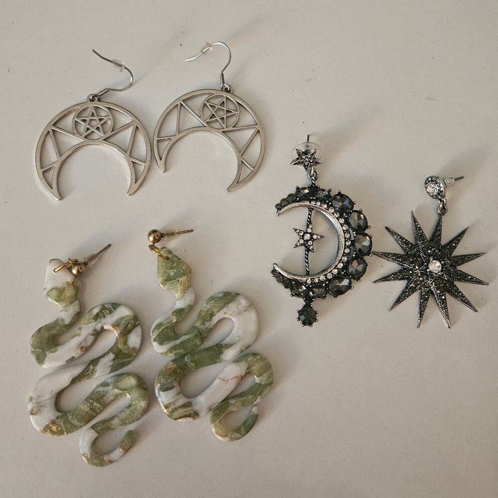 Lot of Witchy Earrings - Snake, Pentacle, Moon & Stars